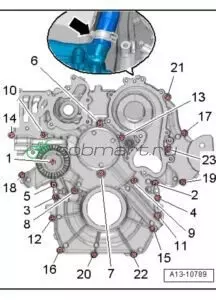 Схема расположения болтов передней крышки двигателя 059103151CD