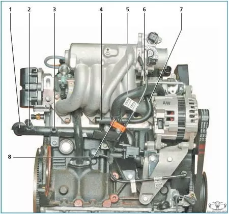 Компоненты системы охлаждения двигателя A15SMS (вид сзади двигателя)